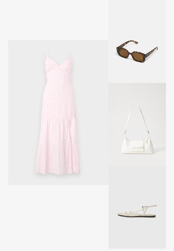 Hele roosa lillemustriga maksimekko, millel on õhukesed rihmad, istuv kehaosa ja kihilised äärised all. Valmistatud pehmest ja kerge materjalist.; Bežid lame sandaal, millel on mitu peenikest rihma ja reguleeritav pandla. Tallal on lame pind, mille ääres on kerge tumedam kontrast.; Kilpkonnakilbi päikeseprillid ümmarguse, paksu raamiga ja pruunide läätsedega. Omab peeneid mustreid ja sirgeid, kitsenevaid käsi.; Valge sünteetilisest materjalist kott kolmnurkse kujuga, lame esiklapiga ja kaaredetailiga, reguleeritava rihmaga, sileda tekstuuriga ja minimalistliku disainiga.