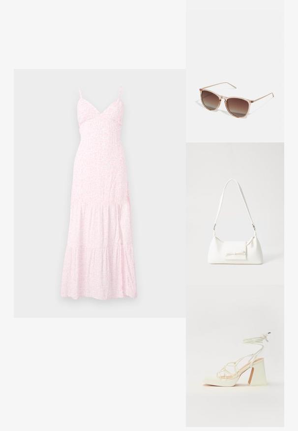Lyserød blomster maxi-kjole med tynde stropper, en tætsiddende liv og tiered flæser ved kanten. Fremstillet af blødt, letvægtsstof.; Hvide højhælede sandaler med en kraftig hæl, der har et stropdesign og ankelbinding. Glat tekstur med en platform foran for ekstra højde.; Brune gradient solbriller med en gennemsigtig pink stel, firkantet form og tynde metalarme. Har afrundede kanter og minimal dekoration.; Hvid syntetisk håndtaske med en trekantet form, flad forsideklap og sløjfedetalje, justerbar strop, glat tekstur og minimalistisk design.