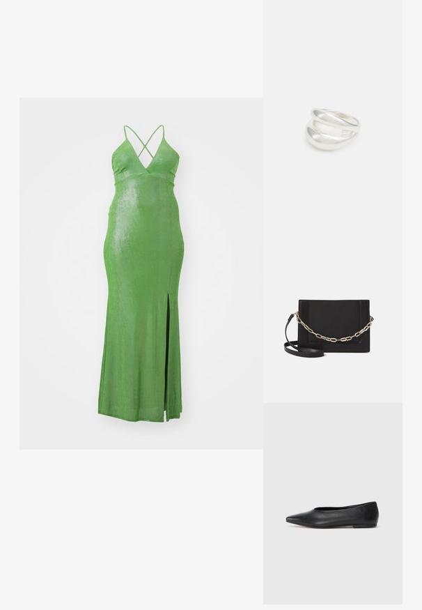 Zelena, uska maksi haljina s dubokim V-izrezom i preklopnim trakama. Ima bočni prorez i glatku, sjajnu teksturu tkanine.; Crne kožne balerinke, uski vrh, minimalistički dizajn, glatka tekstura, niska peta, bez vidljivih dodataka ili ukrasa.; Crna kožna torba preko tijela s glatkom teksturom, pravokutnim oblikom i metalnim lancem na prednjoj strani. Uključena je podesiva naramenica.; Srebrna dvostruka prsten s glatkom, poliranom površinom. Karakterizira ga fluidan, zakrivljen dizajn s preklapajućim sekcijama za moderan izgled.