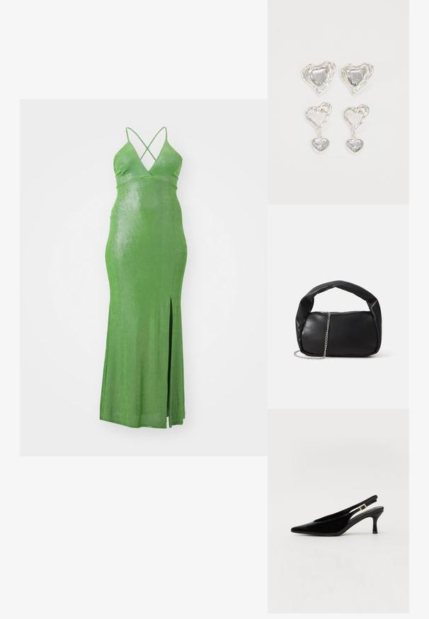Žalia, prigludusi maxi suknelė su giliu V formos iškirpimu ir kryžminėmis petnešėlėmis. Suknelė turi šoninius įpjovimus ir lygią, blizgią audinio tekstūrą.; Juodas lakinės odos slingback batelis su smailiu priekiu, žemu kulnu ir auksiniu sagties akcentu ant dirželio. Lygi tekstūra ir elegantiškas dizainas.; Juodas odinis rankinukas su apvalia forma, storu rankena ir sidabriniu grandininiu dirželiu. Lygi tekstūra su silpnu blizgesiu.; Sidabrinės širdelės formos auskarai puošti facetuotais skaidriais akmenimis, su tekstūruotu rėmu. Rinkinį sudaro tiek auskarai-stud, tiek kabančios formos.