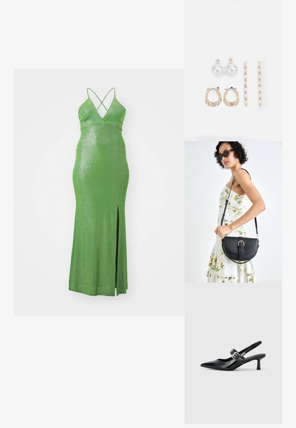 Grünes, eng anliegendes Maxikleid mit tiefem V-Ausschnitt und gekreuzten Trägern. Verfügt über einen seitlichen Schlitz und eine glatte, glänzende Stoffoberfläche.; Schwarze Lackleder Slingback-Absätze mit spitzem Zeh und kleinem Blockabsatz, ausgestattet mit einem silbernen Schnallenakzent am Riemen.; Schwarze Lederhandtasche mit geschwungener Form, abnehmbarem Tragegurt und goldenen Beschlägen. Die Tasche verfügt über einen Deckel mit einer Schnallen-Details.; Drei Ohrringpaare: große weiße Perlenstecker, goldene Creolen mit klaren Edelsteinen und zwei lange, gerade goldene Akzentohrringe mit funkelneden Details.