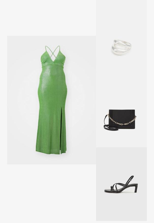Vestido maxi verde ajustado con un profundo escote en V y tirantes entrecruzados. Presenta una abertura lateral y una textura de tela suave y brillante.; Sandalia negra de tiras con punta cuadrada y tacón bajo de bloque. Presenta múltiples tiras delgadas y una correa ajustable en el tobillo. Fabricada en cuero suave.; Bolso cruzado de piel negra con textura suave, forma rectangular y un detalle de cadena metálica en el frente. Incluye una correa ajustable.; Anillo de plata de doble banda con una superficie lisa y pulida. Presenta un diseño fluido y curvado con secciones superpuestas para un aspecto moderno.
