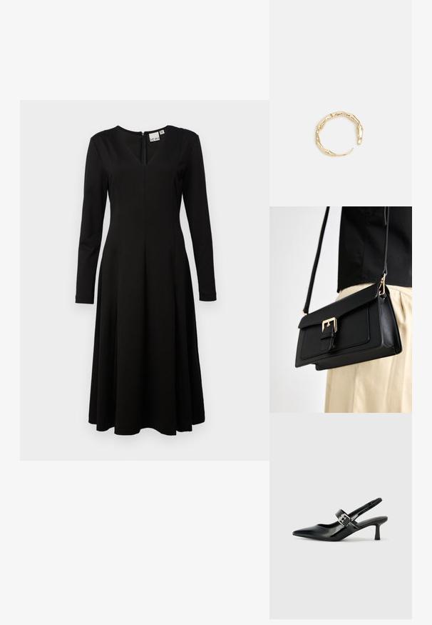 Čierne dlhé šaty s dlhým rukávom a výstrihom do V, priliehavým telom, rozšírenou sukňou A-línie a zipsom na zadnej strane. Vyrobené z hladkej, ľahkej tkaniny.; Čierne patentové kožené sandále na podpätku so špicatou špičkou a malým blokovým podpätkom, s dekoratívnou striebornou sponou na remienku.; Čierna kabelka z faux kože s uzáverom v zlatej farbe, plochý dizajn a nastaviteľný popruh, vystavená na svetlom pozadí.; Prsteň v zlatej farbe s organickým, skrúteným dizajnom, hladkým povrchom a zužujúcimi sa koncami, vytvárajúci moderný, sochársky vzhľad.