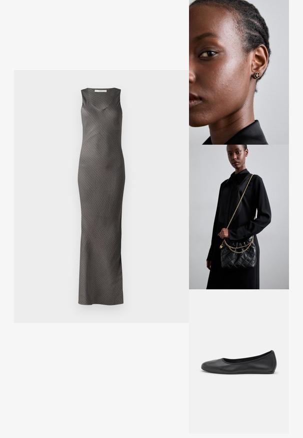 Robe sans manches noire et argentée avec une silhouette ajustée et un motif de rayures diagonales. Conception longue jusqu'au sol avec une texture de tissu lisse.; Ballerines en cuir noir avec un bout rond, texture lisse, détails de couture minimalistes et design de semelle flexible.; Sac à main en cuir matelassé noir avec un dessus froncé, une bandoulière en chaîne dorée et une forme rectangulaire, tenu contre un fond uni.; Les boucles d'oreilles en fleur dorée présentent un centre noir texturé et des détails délicats. La peau claire et les cheveux tressés du modèle sont visibles de profil.