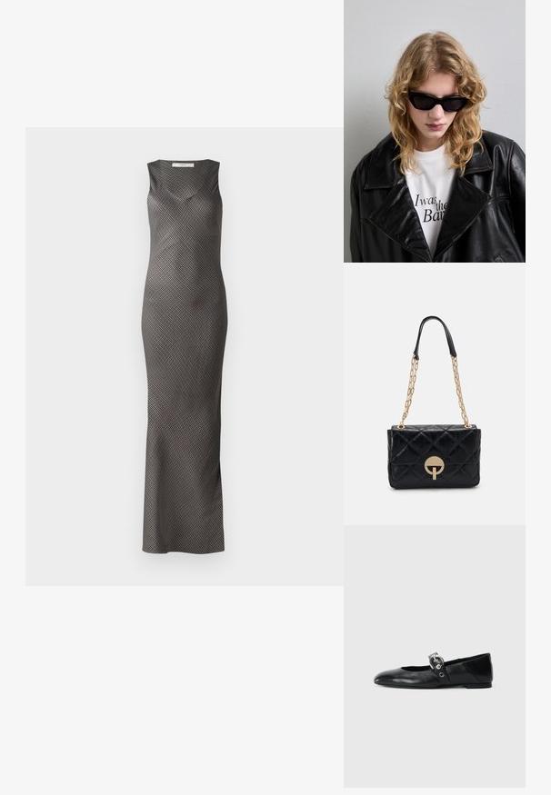 Čierne a strieborné šaty bez rukávov s priliehavým strihom a diagonálnym pruhovaným vzorom. Dizajn s dĺžkou po zem a hladkou textúrou látky.; Čierne kožené baletky s špicatou špičkou, so pásikom s okrúhlou kovovou sponou a plochou podrážkou.; Čierne slnečné okuliare s elegantným, ostrým dizajnom. Model má na sebe čiernu koženú bundu cez biele tričko s potlačou textu, na neutrálnom pozadí.; Čierna prešívaná kožená kabelka so zlatým reťazovým popruhom, s okrúhlym zámkom na zapínanie. Kompaktný obdĺžnikový tvar so hladkým povrchom.