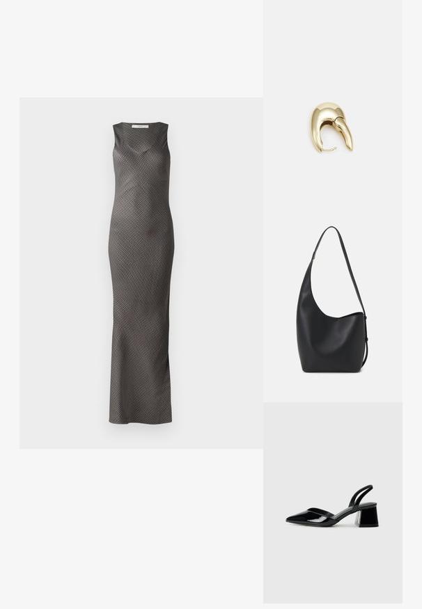Svart och silver ärmlös klänning med en figursydd silhuett och diagonalrandigt mönster. Golvlång design med en mjuk tygtextur.; Svarta lackläder slingback klackar med spetsig tå och geometrisk klack. Har en elegant, minimalistisk design och slät yta.; Svart läder hobo-väska med en slät textur, kurvig form och en justerbar axelrem; har en bred öppning upptill.; Örhänge i guldtonad metall med en elegant, böjd design. Har en distinkt spetsig form, polerad yta och gångjärnslås.