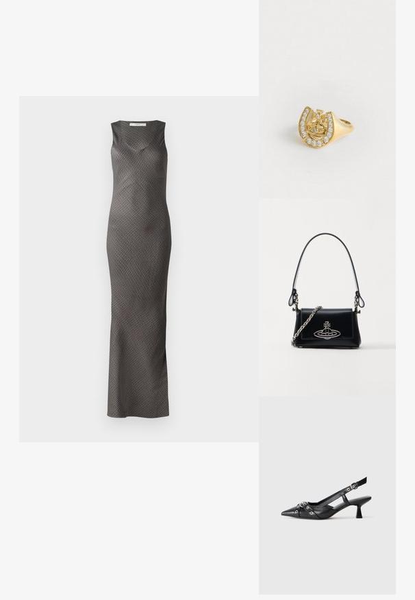 Rochie fără mâneci, neagră și argintie, cu o siluetă ajustată și un model cu dungi diagonale. Design până la podea, cu o textură a materialului neted.; Pantofii slingback din piele neagră, cu vârful ascuțit, curele decorative cu ochiuri din metal și toc bloc mic. Suprafață texturată.; Geantă de umăr din piele neagră, cu un design structurat, curea din lanț argintiu și un logo metallic proeminent pe față. Textură netedă.; Inel de aur cu un design în formă de coroană în interiorul unei potcoave, decorat cu mici pietre clare, pe un fundal alb.