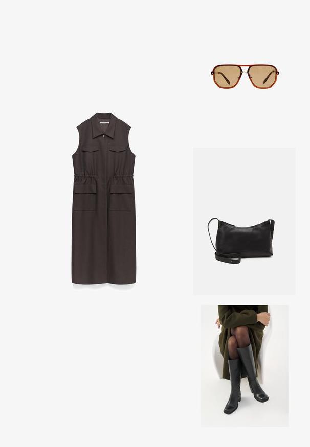 Abito senza maniche marrone con colletto, due tasche sul petto, vita regolabile con cordino e silhouette a lunghezza piena. Tessuto liscio con una finitura opaca.; Stivali neri in pelle alti fino al ginocchio con punta squadrata e tacco a blocco, mostrati con un modello seduto in un cappotto verde oliva. Texture liscia, dettagli minimi.; Occhiali da sole ottagonali marroni con montatura trasparente color ambra e lenti sfumate marroni. Caratterizzati da un accento metallico sul ponte e stecche sottili.; Borsa a spalla in pelle nera con una texture liscia, forma curva, tracolla regolabile e chiusura con zip. Design minimalista senza ornamenti.