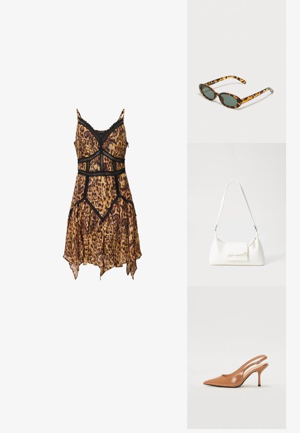 Šaty s leopardím potiskem, tenkými ramínky, krajkovými detaily, přiléhavým tělem a splývavým, asymetrickým lemem. Vyrobené z lehkého materiálu.; Sandy poprsko s úzkým podpatkem v hladkém, lesklém odstínu tan. Obsahuje zakřivený design s výřezem a štíhlý jehlový podpatek. Detail se stříbrnou sponou.; Tortoise shell sluneční brýle s oválnými obrubami, tmavě zelenými skly a štíhlými straničkami. Obsahují decentní logo na straně.; Bílá syntetická kabelka v trojúhelníkovém tvaru, s plochým předním klopným víkem a detailem mašle, nastavitelným popruhem, hladkým povrchem a minimalistickým designem.