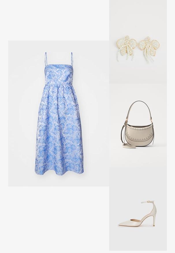 Baum und Pferdgarten ALVINA - Koktel haljina / svečana haljina - blue jacquard; Bijela kožna visoko potpetica s oštrim vrhom, remenom oko članaka i tankom stiletto potpeticom. Glatka tekstura s blagim sjajnim završetkom.; Vanessa Bruno MINI DAILY BAG - Ručna torba - ivoire; Naušnice u obliku cvijeta od bisera s zlatnim akcentima. Svaka latica sadrži male, okrugle bisere raspoređene u cvjetni dizajn, s dugim detaljima od bisera.