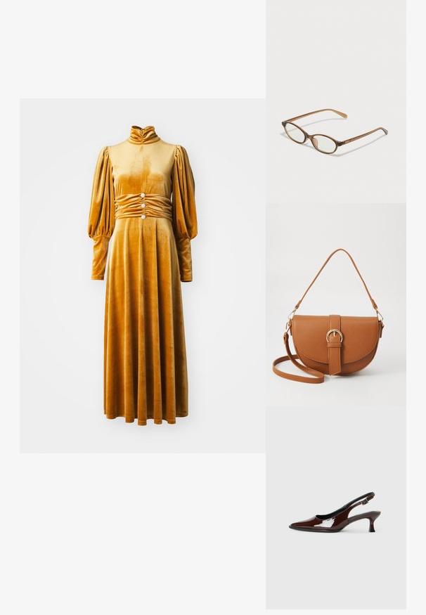 Vestido de veludo amarelo mostarda com gola alta, mangas longas bufantes e uma cintura franzida com três botões decorativos. Design até ao chão.; Sapato slingback em pele sintética castanha com bico pontiagudo e salto moderado. Apresenta uma fivela para um ajuste seguro. Textura suave.; Óculos tortoiseshell castanhos com lentes ovais, hastes finas e acabamentos transparentes. Apresenta um logótipo subtil na têmpora. Design elegante e leve.; Bolsa transversal de couro castanho com um formato curvado, ferragens douradas e um detalhe de fivela. Inclui uma alça de ombro destacável.