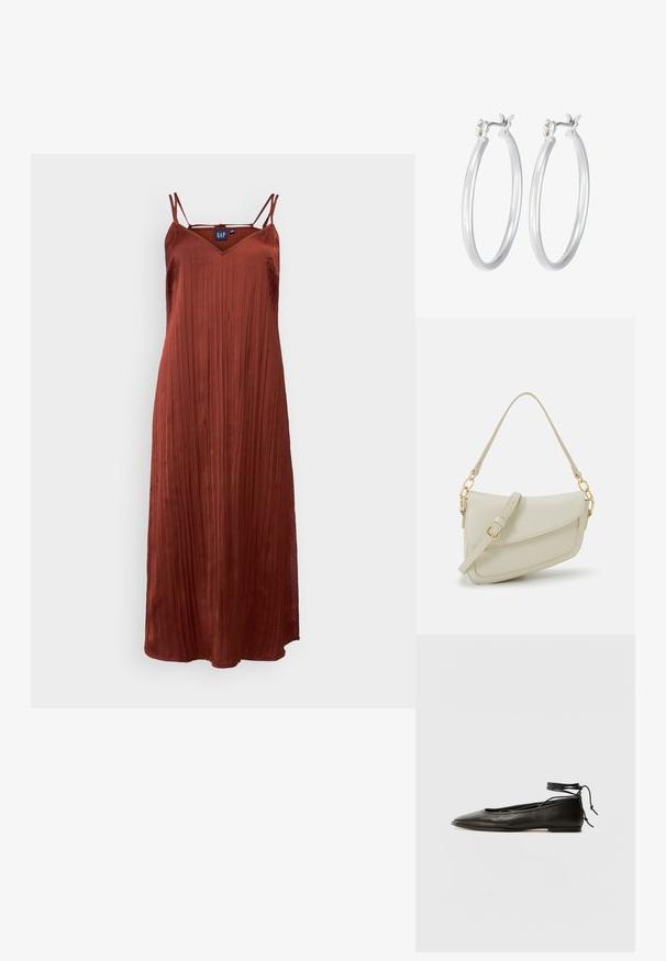 Rūdžių spalvos, be rankovių maksi suknelė su V formos iškirpte ir raukšlėta konstrukcija, pagaminta iš lygios medžiagos. Yra plonos reguliuojamos petnešos.; Juodi odiniai balerinų bateliai su smailiu pirštu, kulkšnies raiščiu ir plokščiu padu, pasižymintys lygiu paviršiumi ir minimalizmo dizainu.; Mažas kreminis rankinukas su tekstūruotu paviršiumi, ilga reguliuojama juostele, grandinėle ir užsegimu su atvartu. Aukso detalės.; Sidabriniai auskarai su sklandžiu, poliruotu paviršiumi. Apvalios formos ir saugus uždarymo mechanizmas. Lengvas dizainas, tinkantis kasdieniam dėvėjimui.