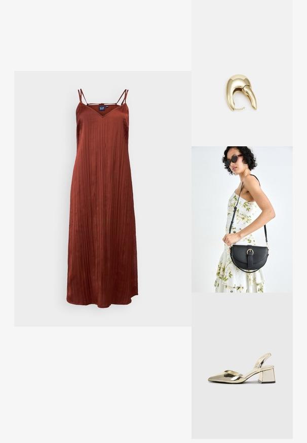 Rust-colored, sleeveless maxi dress with a V-neck and pleated design, made of smooth fabric. Features thin adjustable shoulder straps.; Gold, metallic slingback heels with a pointed toe and chunky heel. Smooth texture, minimalistic design, and a narrow strap.; Black leather handbag with a curved shape, detachable strap, and gold hardware. The bag features a flap with a buckle detail.; Gold-tone metal earring with a sleek, curved design. Features a distinctive pointed shape, polished surface, and hinge closure.