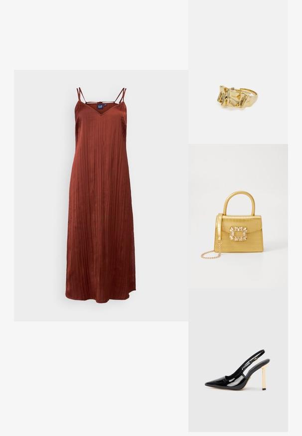 Vestido maxi sin mangas de color óxido, con escote en V y diseño plisado, hecho de una tela suave. Presenta delgadas tirantes ajustables.; Zapato de tacón alto de charol negro con puntera afilada y acento de tacón cuadrado en tono dorado. Cuenta con una correa de tobillo ajustable.; Bolso de mano de imitación cocodrilo amarillo con un diseño estructurado, asa superior, correa de cadena desmontable y embellecimiento de cristal decorativo en el cierre.; Anillo de oro con diseño texturizado y ondulado que presenta tres picos prominentes. Superficie lisa y brillante con una banda abierta para un ajuste ajustable.
