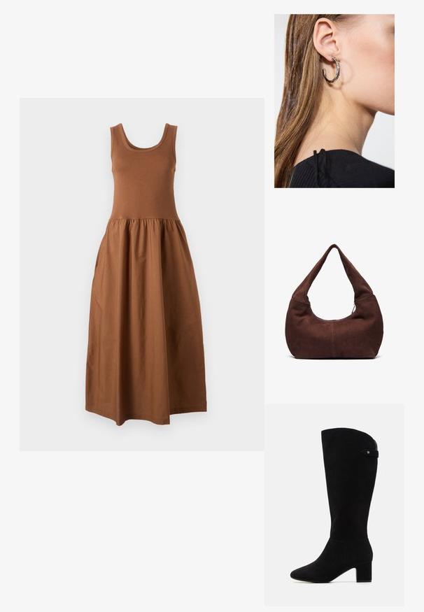 Smeđa haljina bez rukava s prilagođenim gornjim dijelom i lepršavom, naboranom suknjom. Izrađena od mekanog materijala, ima okrugli izrez i srednju dužinu.; Crne suknje na koljenima od antilopa s špicastim vrhom i blok petom. Imaju glatku teksturu i jednostavan dizajn, s naglaskom na bočnu traku.; Smeđa suknjena hobo torba s zakrivljenom, širokom ručkom i velikim otvorom. Mekana tekstura s vidljivim šavovima duž rubova.; Srebrna kružna naušnica s poliranim završetkom, koja ima male zlatne detalje i okrugli oblik, nošena na uhu.