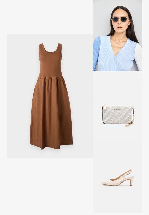 Barna ujjatlan ruha, testhezálló felső résszel és lágyan bővülő, ráncolt szoknyával. Puha anyagból készült, kör alakú dekoltázsa van, és középhosszú fazonú.; Fehér slingback sarok, hegyes orral, sima felső anyaggal, alacsony blokk sarkával és oldalsó kivágott dizájnnal, állítható csatpánttal.; Kerek napszemüveg sötét lencsékkel és arany kerettel. A modellen világoskék, bordázott kardigán van gombokkal és kontrasztos fehér ujjaival.; Michael Kors bézs bevonatos vászon karkötő, amely ismétlődő MK logó mintával, aranyszínű fémrészletekkel és levehető lánchordóval rendelkezik.