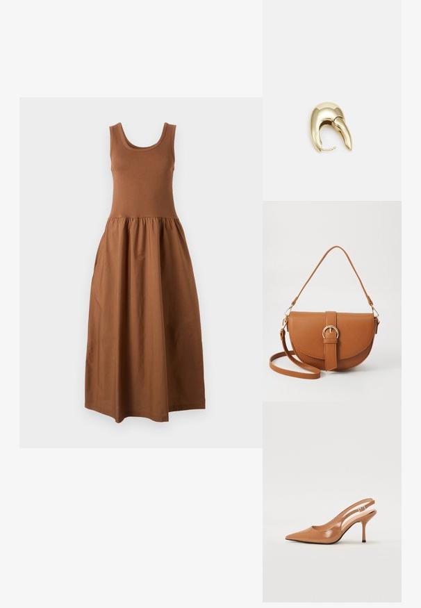 Brown sleeveless dress with a fitted top and a flowing, gathered skirt. Made of soft fabric, it features a round neckline and mid-length design.; Pointed toe slingback heel in a smooth, glossy tan material. Features a curved cutout design and a slender stiletto heel. Silver buckle detail.; Brown leather crossbody bag with a curved shape, gold hardware, and a buckle accent. Features a detachable shoulder strap.; Gold-tone metal earring with a sleek, curved design. Features a distinctive pointed shape, polished surface, and hinge closure.