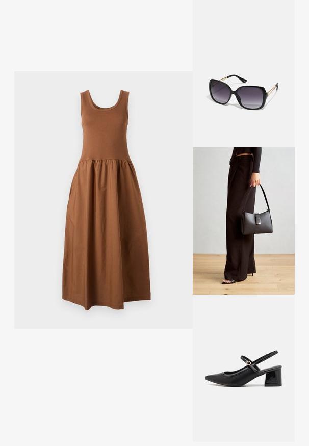Hnedé bezrukávové šaty s priliehavým vrchom a splývavou, nariasenou sukňou. Vyrobené z jemnej látky, majú okrúhly výstrih a sukňu po strednú dĺžku.; Čierne lakované kožené lodičky so slingback dizajnom, špicatou špičkou, zaobleným výrezom a blokovým podpätkom. Obsahuje akcent zlatého tónu s prackou.; Čierne oversized slnečné okuliare s gradientovými sklíčkami, hrubými rámami a zlatým retiazkovým detailom na stranách.; Čierna kabelka so štruktúrovaným tvarom, hladkou textúrou a kovovou sponou. V kombinácii so širokými čiernymi nohavicami a sandálmi s otvorenou špičkou na drevenej podlahe.