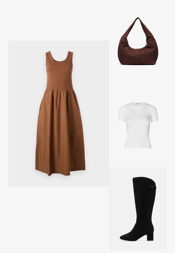 Rjava brezrokavna obleka s prilagojenim zgornjim delom in spuščeno, nabirajočo krilom. Narejena iz mehkega blaga, ima okroglo ovratnico in srednje dolgo zasnovo.; Bela kratka majica s kratkimi rokavi iz rebrastega bombaža. Prilegajoč dizajn s krožnim izrezom in gladko teksturo. Brez vzorcev ali okrasnih elementov.; Črne semiš škornje do kolen s koničastim nosom in blok peto. Imajo gladko teksturo in preprost dizajn, s stranskim trakom kot poudarkom.; Rjava semiš torba hobo z ukrivljenim, širokim ročajem in velikim odprtjem. Mehka tekstura z vidnimi šivi ob robovih.
