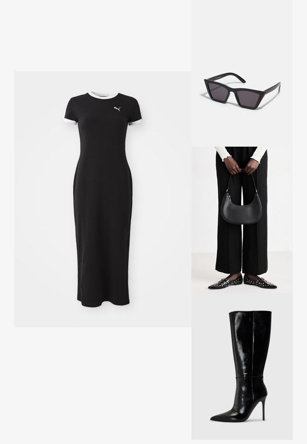Crna maksi haljina s kratkim rukavima, bijelim ovratnikom i akcentima na rukavima, izrađena od glatkog materijala, s logotipom blizu grudnog koša.; Crne kožne čizme do koljena s oštrim vrhom i visokim stiletto potpeticama. Glatka tekstura i sofisticirani dizajn, s minimalnim detaljima.; Crne, uglaste sunčane naočale sa sivoj lećama; izrađene od plastike, imaju debele nogice s glatkom površinom i bez vidljivih metalnih dijelova.; Crna kožna torba preko ramena zaobljenog oblika, s sjajnom završnom obradom i srebrnim hardverom. Osoba nosi crne hlače širokog kroja i loaferice sa studovima.
