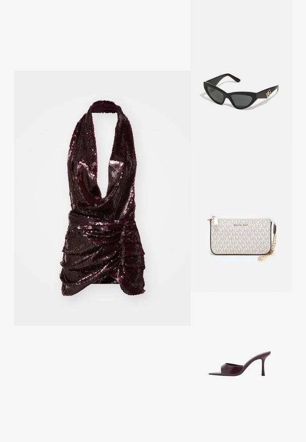Top halter bordeaux, împodobit cu paiete, având un decolteu adânc în V, plisse adunate la talie și o textură de țesătură fină.; Muleuri cu toc înalt burgundy, cu vârf pătrat, fabricate din piele netedă. Prezintă un design elegant, minimalist și un toc conic.; Ochelari de soare tip cat-eye cu un cadru din plastic mat de culoare neagră, lentile întunecate și un accent de logo aurit pe tâmple. Design unghiular și textură netedă.; Clutch Michael Kors din canva acoperit bej, cu un model repetitiv al logo-ului MK, accesorii din aur și o curea cu lanț detașabil.
