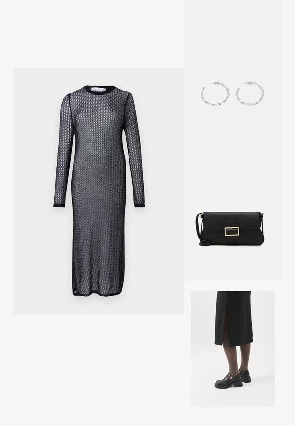 Vestito lungo nero con maniche lunghe realizzato in un tessuto a maglia trasparente, con scollatura rotonda e una silhouette slim e aderente.; Scarpe in pelle nera con punta arrotondata, tacco spesso a blocco e accenti laterali in elastico, abbinate a collant scuri e una gonna nera con uno spacco.; Borsa a mano in pelle nera con patta e dettaglio in metallo dorato. Include una tracolla nera e un design elegante e minimalista.; Orecchini a cerchio in argento con un design torciglionato, caratterizzati da una finitura lucida e chiusura a perno. Misurano circa 3 cm di diametro.