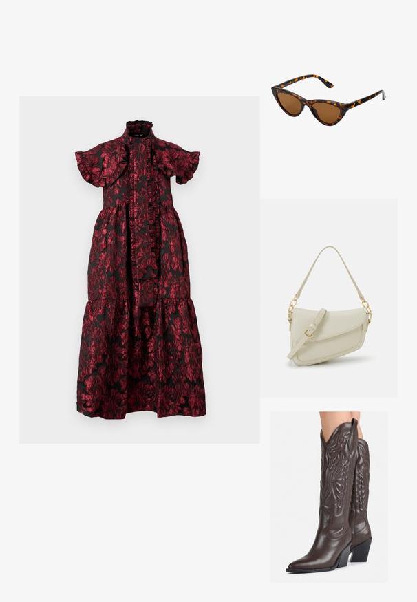 Sister Jane FANTASY MIDI DRESS - Vapaa-ajan mekko - red; Ruske nahkasaappaat, joissa on terävä kärki ja laatikkokorko, varustettu yksityiskohtaisella ompelulla ja kohotetuilla yksityiskohdilla varsiosassa.; Kattöga solglasögon med en svart och orange sköldpaddsmönstrad båge, bruna linser och slanka, spetsiga spetsar. Har en minimal logotyp på skalmen.; Pieni kerma beige käsilaukku, jossa on teksturoitu pinta, pitkä säädettävä olkahihna, ketjua korostava yksityiskohta ja läppälukko. Kultaista metalliosaa.