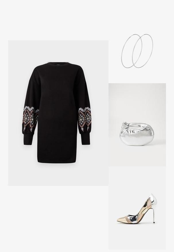 Črna obleka s sweatshirtnim slogom in dolgimi napihnjenimi rokavi, okrašena z zapletenim večbarvnim vezenjem na manšetah. Mehka tkanina, krožni ovratnik.; Čevlji z visoko peto in konico, v barvni kombinaciji srebrne, zlate in nude. Sijajna obdelava z izrezljanim dizajnom, z igličasto peto.; Srebrna kovinska torbica z mehko, zaobljeno obliko in zavezano zgornjo zaporo. Narejena iz gladkega umetnega usnja.; Srebrne uhane v obliki obroča z minimalističnim dizajnom. Krožna oblika, gladka tekstura in tanek profil. Lahki s poliranim zaključkom.