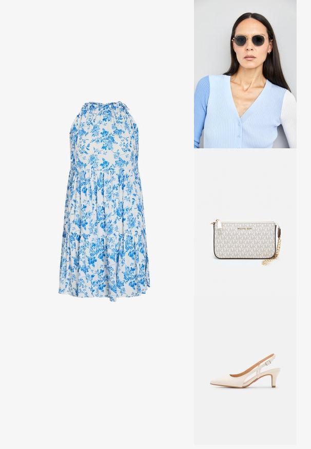 Blomstrete sommerskjole i lys blå og hvit, med halterneck, lagdelte volanger og en komfortabel, løs passform.; Hvit slingback-hel med spiss tå, glatt overmateriale, lav blokkhelt, og cut-out-design på siden med justerbar spenne.; Runde solbriller med mørke linser og guldrammer. Modellen har en lyseblå, ribbet cardigan med knapper og kontrast hvide ærmer på.; Michael Kors håndleddsveske i beige belagt kanvas med et gjentakende MK-logo mønster, gullfarget maskinvare og en avtakbar kjede-rem.