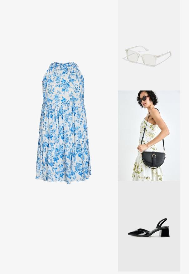 Rochie de vară florală în albastru deschis și alb, cu un decolteu halter, volane stratificate și un design confortabil, lejer.; Pantofi cu toc slingback din piele lacuită neagră, cu vârf ascuțit și toc geometric. Prezintă un design elegant, minimalist și o textură netedă.; Ochelari de vedere cu rame pătrate din plastic transparent, dotate cu lentile translucide și accente aurii pe temple pentru un detaliu suplimentar.; Geantă din piele neagră, cu o formă curbată, curea detașabilă și accesorii aurii. Geanta are un capac cu un detaliu tip cataramă.
