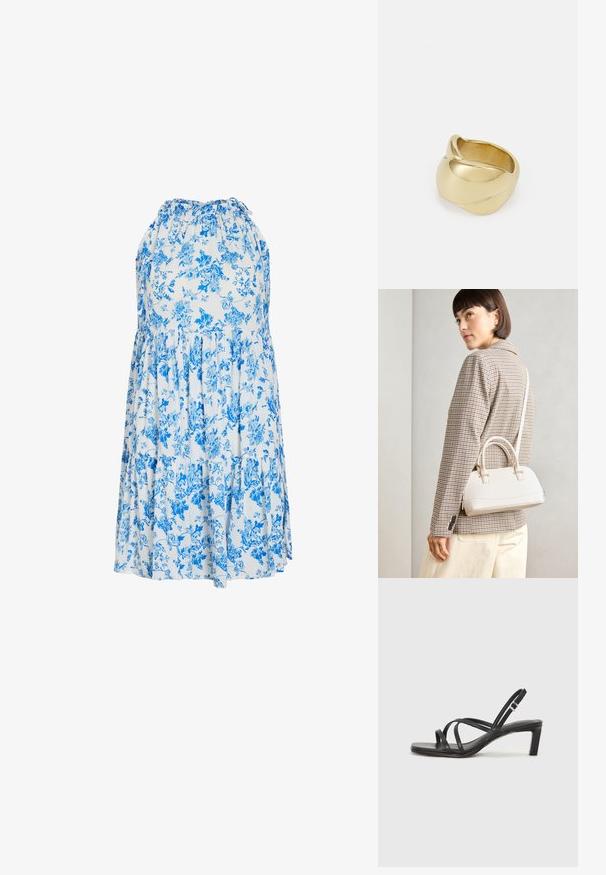 Világoskék és fehér virágmintás nyári ruha, amelynek nyakpántos dekoltázsa, réteges fodrok és kényelmes, laza szabása van.; Fekete pántos szandál négyzetes orral és alacsony blokk sarkal. Több vékony pánttal és állítható boka pánttal rendelkezik. Sima bőrből készült.; Fehér, strukturált kézitáska rövid füllel és vállpánttal, arany színű fém kiegészítőkkel és texturált anyagból, szürke háttér előtt bemutatva.; Aranyszínű gyűrű sima, csavarodott mintával. Polírozott felülettel és lekerekített élekkel rendelkezik, ami zökkenőmentes, folyékony formát kölcsönöz neki.
