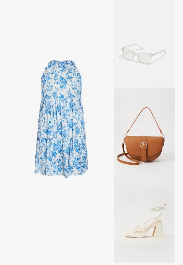 Gėlių suknelė šviesiai mėlynos ir baltos spalvos, su halterio iškirpte, sluoksniuotomis volanais ir patogiu, laisvu siluetu.; Balti aukštakulniai sandalai su masyviu kulnu, su dirželių dizainu ir kulkšnies raiščiu. Lygi tekstūra su platforma priekyje, suteikianti papildomą aukštį.; Permat nuleidžiai skaidrūs kvadrato formos akinius su permatomais lęšiais, kurie turi auksines detales ant šventyklų.; Ruda odinė kryžminė rankinė, turinti kreivą formą, auksinius metalinius elementus ir sagtį. Yra nuimama petneša.