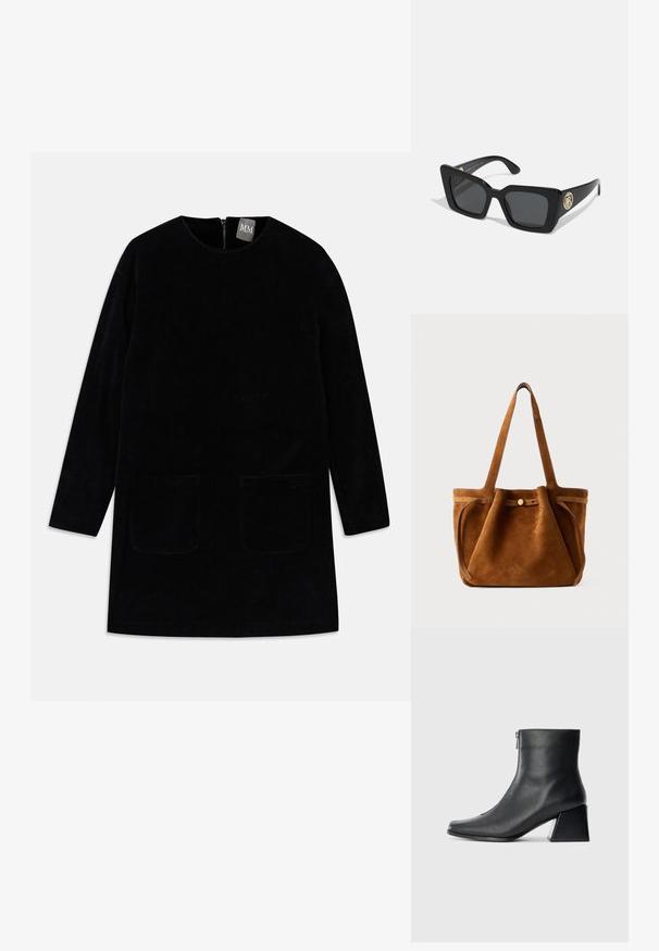 Musta corduroy-mekko, jossa on pitkät hihat, korkea kaula-aukko ja kaksi etutaskua. Mekossa on takana vetoketju ja teksturoitu kangas.; Mustat nahka nilkkurit, joissa on nelikulmainen kärki, sivuvetoketju ja lohkarekorko, taustalla vaalea yksinkertainen tausta.; Mustat neliömäiset aurinkolasit tummilla linsseillä ja kiiltävillä mustilla sangoilla. Sivussa on kultainen pyöreä koristeosa. Yhdistelee yleisesti sileää tekstuuria.; Ruskea samettinen kantolaukku, jossa on kaksinkertaiset kahvat, nappikiinnitys ja rento, hieman lörpähtänyt muoto.