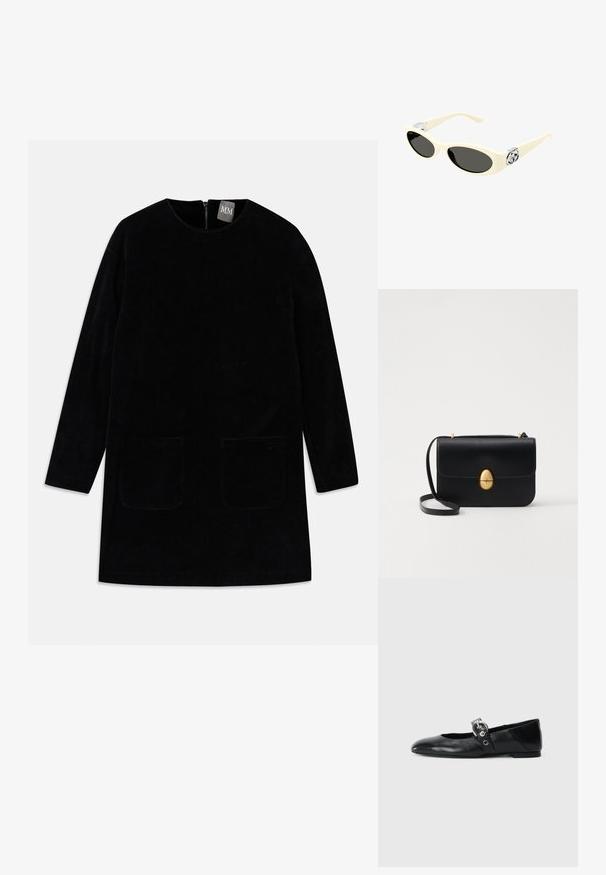 Schwarzes Cordkleid mit langen Ärmeln, hohem Kragen und zwei vorderen Taschen. Verfügt über einen rückseitigen Reißverschluss zum Schließen und hat einen strukturierten Stoff.; Schwarze Ballettflat mit spitzer Spitze, ausgestattet mit einem Riemen und einer runden, metallischen Schnalle sowie einer flachen Sohle.; Cremefarbene Sonnenbrille mit ovalen Gläsern, schwarzem Tönung und metallischen Logoakzenten an den Schläfen. Glatte Textur, Cat-Eye-Design.; Schwarze Lederhandtasche mit strukturierter rechteckiger Form. Verfügt über einen goldenen ovalen Verschluss und einen dünnen Schulterriemen. Glatte Textur.