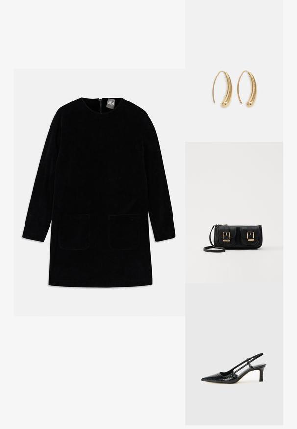 Čierne kordové šaty s dlhými rukávmi, vysokým golierom a dvoma prednými vreckami. Obsahujú zips na chrbte pre zapínanie a textúrovanú látku.; Čierne patentové slingback topánky na ihlovom podpätku s špicatou špičkou, s textúrovaným hadím vzorom, nastaviteľným popruhom a krátkym, textúrovaným blokovým podpätkom.; Čierna kožená crossbody taška s dvoma prednými vreckami, zlatými sponami, zipsovým uzatváraním a úzkym popruhom. Štruktúrovaný povrch a kompaktný obdĺžnikový tvar.; Náušnice vo forme zlatých kovových kruhov s zakriveným, predĺženým tvarom. Majú hladký, lesklý povrch a zaoblený koniec pre pridanie detailu.
