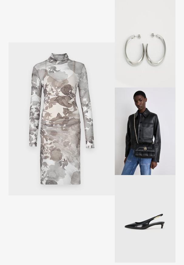 Mekko, jossa on pitkät hihat ja korkeakaulus, valmistettu läpinäkyvästä kukkakuosisesta kankaasta. Värit vaihtelevat pehmeästä harmaasta pois-valkoiseen, ja vyötäröllä on rypytetty yksityiskohta.; Mustat nahkaiset slingback-korkokengät, joissa on terävä kärki, ohuet korot ja kultasävytteinen yksityiskohta säädettävässä hihnassa. Silkkinen pinta.; Mustat nahkatakki, jossa on napitus ja kaksi etutaskua, yhdistetty mustaan tikattuun käsilaukkuun, jossa on kultainen lukko ja ketjuolkaimet.; Hope hopeista, joissa on sileä, kaareva muotoilu. Varustettu kiiltävällä metallipinnoitteella ja nappikiinnityksellä. Ei näkyviä kuvioita tai koristeluja.