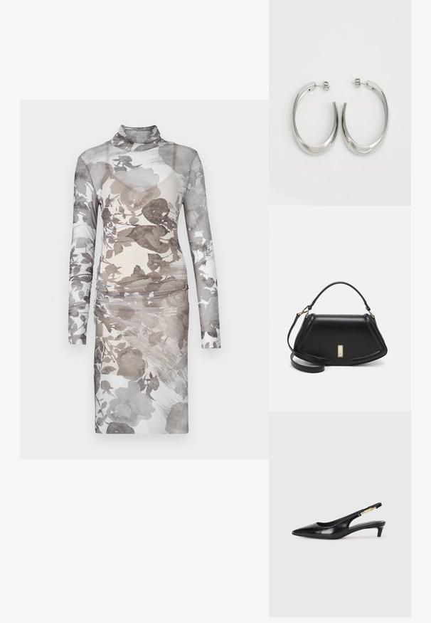 Robe à manches longues et col roulé en tissu transparent à motif floral. Les couleurs varient du gris doux au blanc cassé, avec des détails froncés à la taille.; Talons hauts en cuir noir avec un bout pointu, dotés d'un talon fin et d'un accent en ton or sur la lanière réglable. Texture lisse.; Sac à main en cuir noir avec un design structuré, featuring une forme cropped, une poignée supérieure et des accents en matériel doré. Bandoulière réglable incluse.; Boucles d'oreilles en argent avec un design lisse et courbé. Présentent une finition métallique brillante et une fermeture à clou. Pas de motifs ou d'accents visibles.