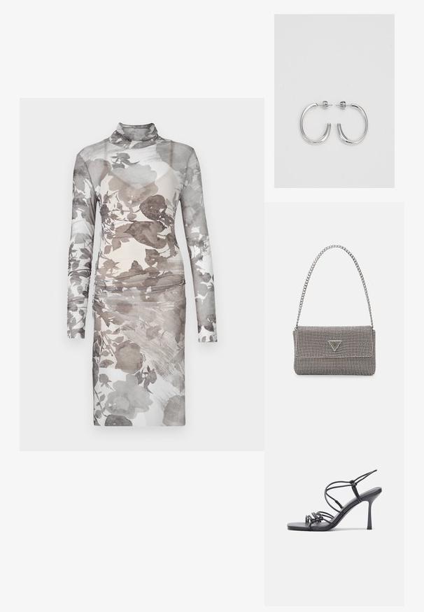 Ilga rankovė, golfo suknelė iš permatomo, gėlių raštuoto audinio. Spalvos svyruoja nuo švelnios pilkos iki beveik baltos, su susiraukšlėjimais ties juosmeniu.; Juodos aukštakulnės sandalai pasižymi plonyčiais dirželiais su mazgo dizainu, lygiu kvadratiniu pirštu ir elegantišku stiletto kulnu.; Šviesiai pilka metalinė rankinė su grandinėlės dirželiu, papuošta mažais apvaliais metaliniais smeigėmis ir trikampiu prekės ženklu.; Sidabrinės auskarai žiedai su lygiu, blizgiu paviršiumi. Suapvalinta forma, lengvas dizainas, su uždarymu ant smeigtuko.