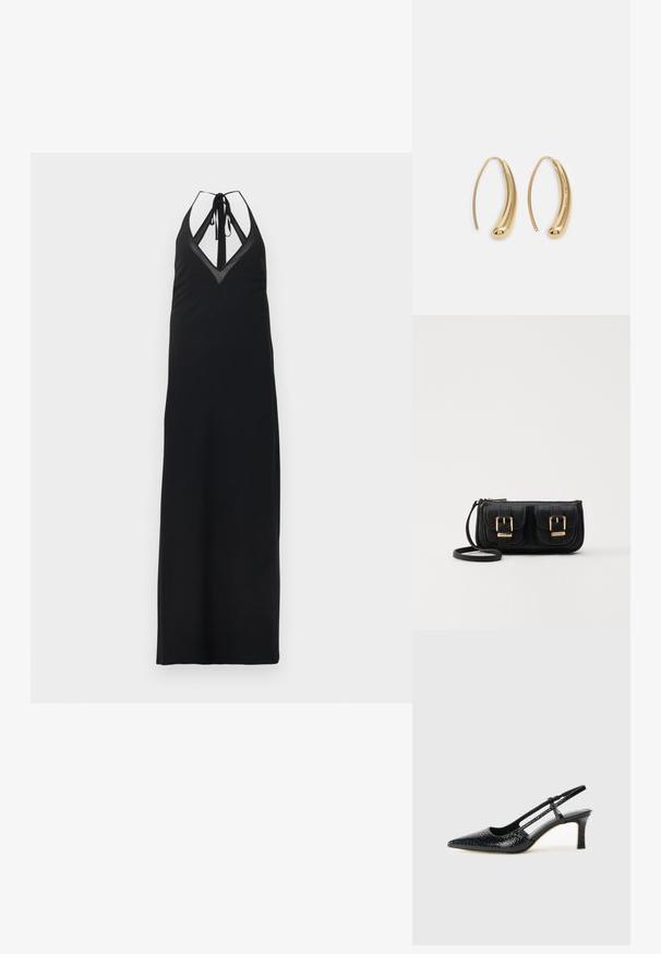 Musta halterneck-mallinen maksimekko, jossa syvä V-pääntie ja solmittavat olkaimet. Mekossa on kapea, suora leikkaus ja pehmeä kangas mukavaan käyttökokemukseen.; Musta patent slingback-kiilakorko teräväkärkisellä muotoilulla, jossa on teksturoitu käärmeennahkakuosi, säädettävä remmi ja lyhyt, teksturoitu blokkiheel.; Musta nahkainen olkalaukku, jossa on kaksi etutaskua, kultaiset soljet, vetoketjukiinnitys ja kapea hihna. Teksturoidun pinnan ja kompaktin suorakaiteen muoto.; Korvakorut kultasävytteistä metallista, joissa on kaareva, pitkänomainen muoto. Ominaisuuksiin kuuluu sileä, kiiltävä pinta ja pyöreä kärki lisäyksinä.