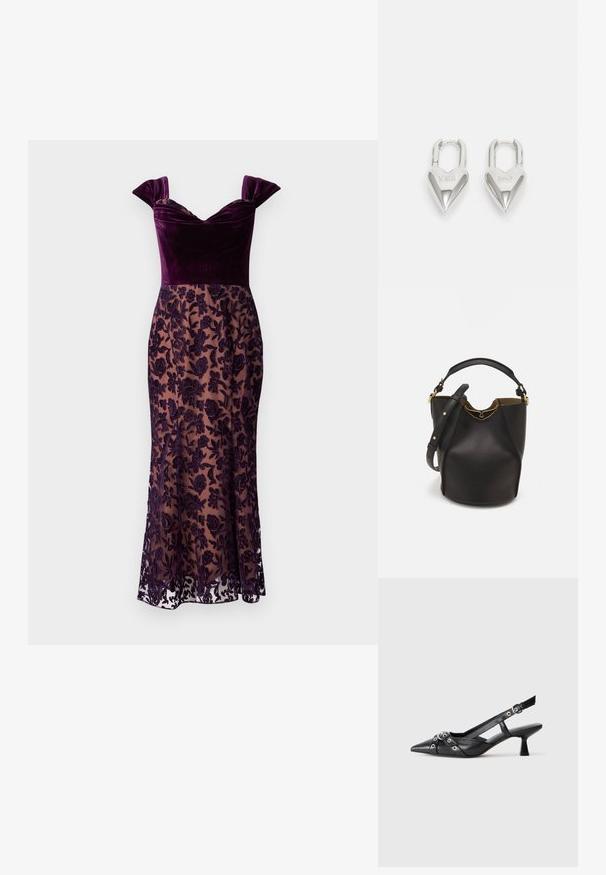 Violetti samettimekko, jossa on hihattomat hihat, läpikuultava kirjailtua kukkaneulosta oleva helma ja tiukka siluetti, joka ulottuu puoliväliin pohkeita.; Mustat nahkakengät, joissa on avonainen takaosa ja kärjessä terävä muoto, koristevyöt, joissa on metalliset reiät, sekä matala lohkoepohja. Teksturoitu pinta.; Mustan nahka-buckettikassi, jossa on teksturoitu pinta, kultaiset metalliosat ja avoin yläosa. Ominaisuuksiin kuuluu lyhyt kahva ja säädettävä olkahihna.; Hopeakuvioiset sydämen muotoiset rakkaussulkeet, joissa on kaiverrettu "KYLLÄ" ja "EI" -tekstit, kiiltävä pinta, symmetrinen muotoilu ja kestävä metalliovi.