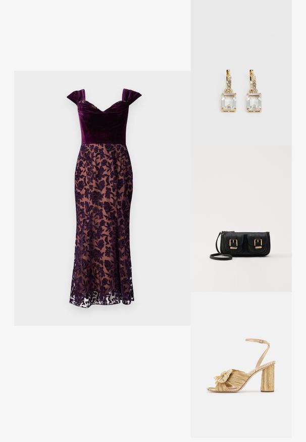 Lila sammetsklänning med cap sleeves, som har en genomskinlig broderad blommig spetskjol och en figursydd silhuett, som når till mitten av vaden.; Guldklackade sandaler med knut framtill, plisserad textur och ankelrem. Blockklacken har en ribbad design som förbättrar greppet.; Svart läderaxelväska med två framfickor, guldspännen, dragkedjestängning och en smal rem. Texturerad yta och kompakt rektangulär form.; Guldtonade örhängen med en rektangulär, klar kristall som hänger under en rad av små, runda klara accenter. Snygg, modern design.