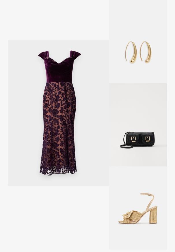 Lilla sametkleit, millel on lühikesed varrukad, läbipaistvast tikitud lillelise pitsiga seelikuosa ja sobiv siluett, mis ulatub keskmiselt sääre keskpaika.; Kuldsete kontsadega sandaalid, mille esiosas on sõlm, pleatitud tekstuur ja pahkluu rihm. Tootel on plokknokk, millel on sooneline disain, mis parandab haarduvust.; Must küllastamata nahast õlakott, millel on kaks esist nähtavat taskut, kuldsed pandlad, tõmblukuga sulgemine ja peen rihm. Tekstuuriga pind ja kompaktne ristkülikukujuline kuju.; Kuldtoonilised metallist rõngas kõrvarõngad, millel on kõver ja piklik kuju. Omavad siledat, läikivat pinda ja ümarat tipptugevdust, mis lisab detaili.