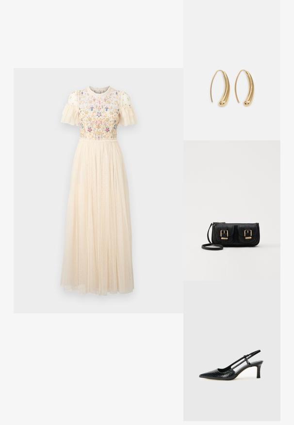 Robe midi couleur crème avec des manches courtes à volants, broderie florale sur le corsage, et une jupe fluide et transparente à pois.; Escarpin slingback en vernis noir avec un bout pointu, présentant un imprimé serpent texturé, une sangle réglable et un petit talon bloc texturé.; Sac en cuir noir porté en travers avec deux poches avant, boucles dorées, fermeture zippée et une sangle fine. Surface texturée et forme rectangulaire compacte.; Boucles d'oreilles en métal doré en forme d'anneau, avec une forme courbée et allongée. Elles présentent une surface lisse et brillante avec une pointe arrondie pour un détail supplémentaire.