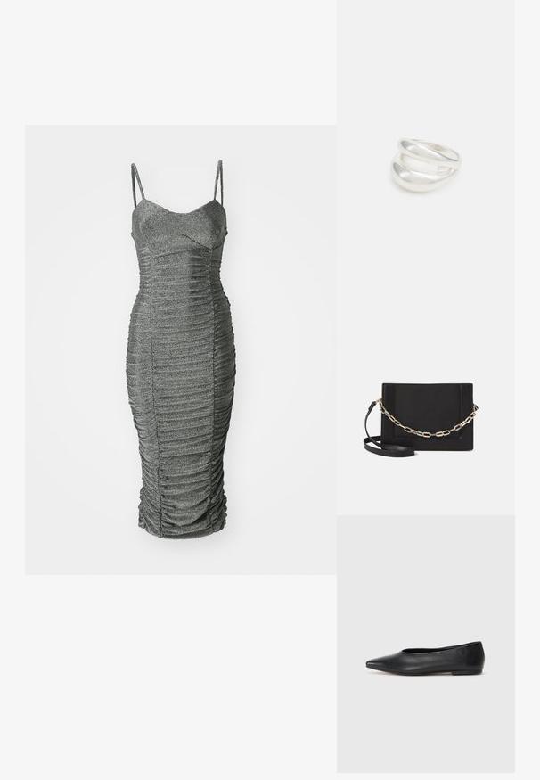 Sidabrinė aptiesta suknelė su plonomis petnešėlėmis ir širdelės formos iškirpte. Turi vertikalius raukinius ir raukšlėtą apvadą, padengtą blizgančia tekstūra.; Juodas odinis baleto batas, su smailiu pirštu, minimalistinio dizaino, lygiu paviršiumi, žemo profilio kulnu, be matomos aparatūros ar papuošimų.; Juodas odinis per petį nešiojamas krepšys turi lygų paviršių, stačiakampio formą ir metalinę grandinėlę priekyje. Pridedama reguliuojama dirželis.; Sidabrinis dvigubas žiedas su lygiu, poliruotu paviršiumi. Pasižymi sklandžiu, kreiptu dizainu su persipinančiomis dalimis, suteikiančiomis modernų išvaizdą.