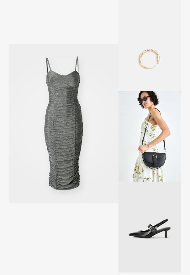 Siva, uska haljina s naboranim teksturom, podesivim trakama od spaghetti i olovkom siluetom. Izrađena od sjajnog, rastezljivog materijala.; Crne lakirane slingback potpetice s oštrim prstom i malom blok petom, s naglaskom na srebrnoj kopči na remenu.; Crna kožna torba s lukovitim oblikom, odvojivim remenom i zlatnim detaljima. Torba ima preklop s kopčom.; Prsten u zlatnoj nijansi s organskim, uvijenim dizajnom, glatkom teksturom i suženim krajevima, koji stvara moderan, skulpturalni izgled.