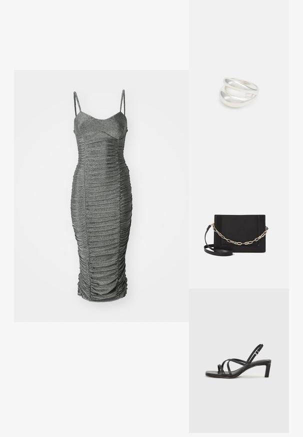 Pelēka, pieguļoša kleita ar ručām tekstūru, regulējamiem spageti siksniņām un zīmuļa siluetu. Izgatavota no spīdīgas, elastīgas auduma.; Melnas strappy sandales ar kvadrātveida purngaliem un zemu bloku papēdi. Ievērojamas ar vairākiem plāniem siksniņām un regulējamu potītes siksniņu. Izgatavotas no gludas ādas.; Melna ādas crossbody soma ar gludu faktūru, taisnstūrveida formu un metalizētu ķēdes detaļu priekšā. Iekļauta regulējama siksna.; Sudraba divu joslu gredzens ar gludu, pulētu virsmu. Iezīmējas ar plūstošu, izliekta dizaina struktūru ar pārklājošām sekcijām modernam izskatam.