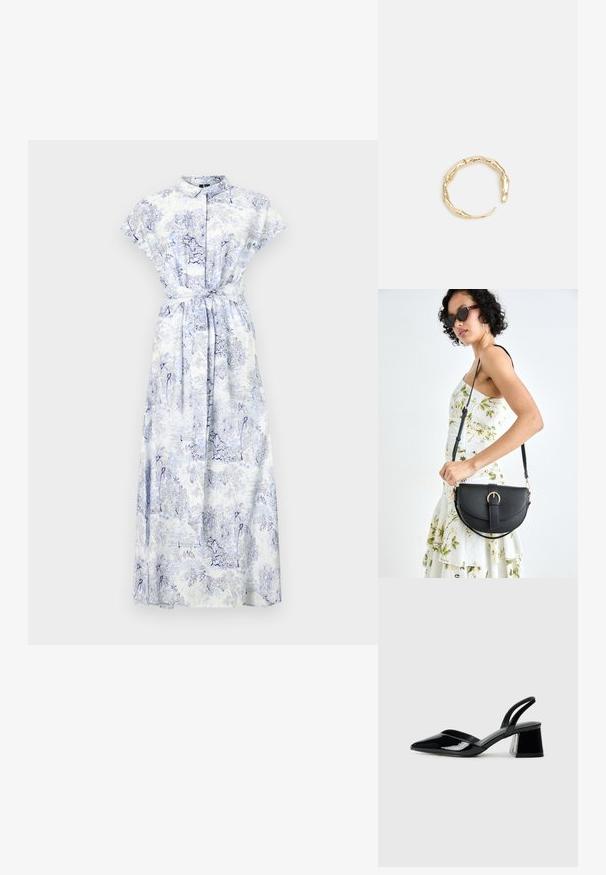 Maxi haljina s kratkim rukavima u bijelom materijalu s plavim botaničkim uzorkom, s gumbima sprijeda i detaljem uvezanog struka.; Crne lakirane kožne sandale s otvorenom petom i špicastim vrhom, s geometrijskom blok petom. Imaju elegantan, minimalistički dizajn i glatku teksturu.; Crna kožna torba s lukovitim oblikom, odvojivim remenom i zlatnim detaljima. Torba ima preklop s kopčom.; Prsten u zlatnoj nijansi s organskim, uvijenim dizajnom, glatkom teksturom i suženim krajevima, koji stvara moderan, skulpturalni izgled.