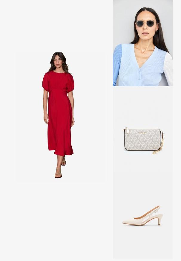 Abito rosso a lunghezza ginocchio con scollatura rotonda, maniche a sbuffo e vita arricciata. Tessuto liscio con una finitura leggermente strutturata.; Slingback bianco con punta affusolata, materiale superiore liscio, tacco basso a blocco e design con ritagli laterali, dotato di cinturino regolabile con fibbia.; Occhiali da sole rotondi con lenti scure e montatura dorata. Il modello indossa un cardigan leggero azzurro a costine con bottoni e maniche bianche a contrasto.; Wristlet Michael Kors in tela rivestita beige con motivo a logo MK ripetuto, hardware dorato e tracolla a catena staccabile.
