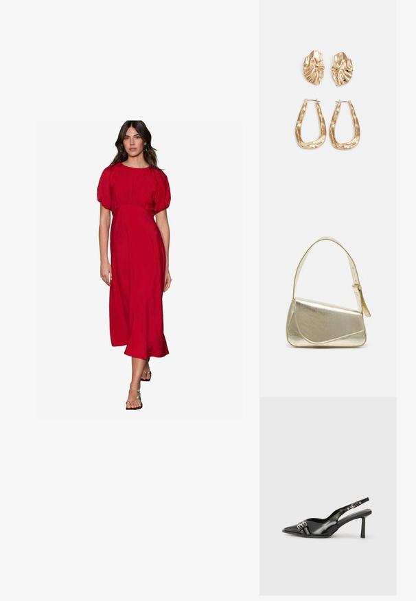 Rotes knielanges Kleid mit rundem Ausschnitt, Puffärmeln und gerafftem Bund. Glatter Stoff mit leicht strukturiertem Finish.; Schwarzer Lackleder Slingback-Schuh mit spitzem Zehenbereich, Knöchelriemen mit silbernen Schnallen und Beschlägen sowie einem schlanken Absatz.; Goldfarbene metallische Handtasche mit strukturiertem Design, glatter Textur und verstellbarem Tragegurt. Sie verfügt über eine einzigartige dreieckige Form und minimalistische Nähte.; Ohrringe in Goldoptik mit strukturierten, gewellten Formen. Beinhaltet skulpturale Clip-Ohrringe und ein offenes Hoop-Design mit gehämmertem Finish.