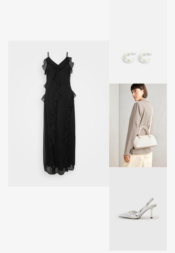 Fekete maxi ruha vékony pántokkal, amely mély V-kivágással és fodros részletekkel rendelkezik az elülső és oldalsó részeken, könnyű anyagból készült.; Ezüst slingback magas sarkú cipő hegyes orral, fémszerű felülettel, két dekoratív pánttal és vékony sarkú, fekete végű dizájnnal.; Fehér, strukturált kézitáska rövid füllel és vállpánttal, arany színű fém kiegészítőkkel és texturált anyagból, szürke háttér előtt bemutatva.; Ezüst színű fülbevalók csavart karika dizájnnal, textúrált felülettel és bordázott részletekkel, amelyeket poszt zár biztosít.